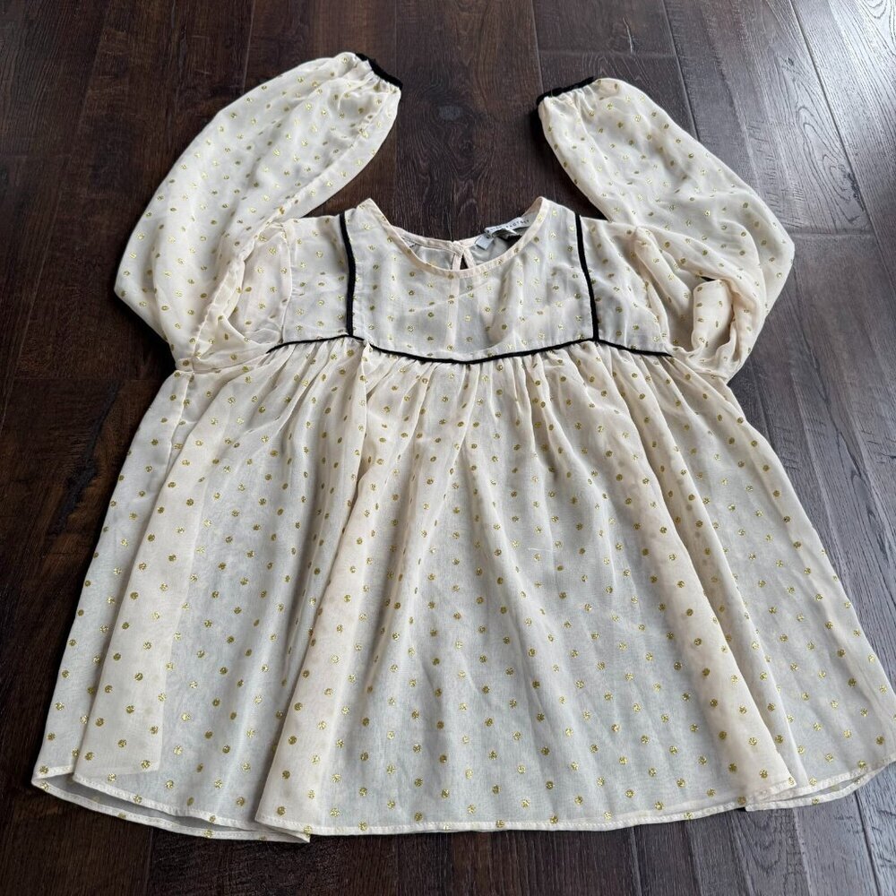 English Factory Women's Long Sleeve Gold Polka Chiffon Babydoll Blouse Top Small